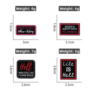 Detailed size and weight guide for black gothic enamel pins with humorous slogans