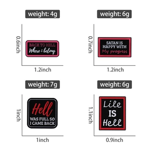 Detail view showing four enamel pins with size and weight specs in inches and grams