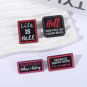 Creative black enamel pin set with funny English quotes and pink geometric metal borders
