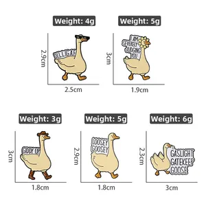 Detailed view of five creative enamel goose brooches with size and weight dimensions