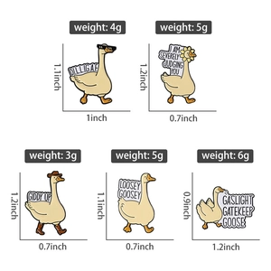 Detail view of five cartoon goose enamel pins with dimensions and weights on white background