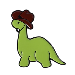 Cute green cartoon dinosaur enamel pin with brown cowboy hat for bags and clothes
