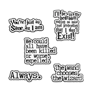 Set of five Harry Potter enamel pins featuring iconic quotes with minimalist white finish