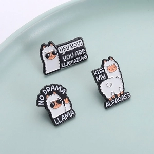 Three-piece set of cartoon llama enamel pins featuring funny puns and sunglasses style