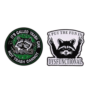 Set of two creative enamel panda raccoon brooches with funny cartoon quotes on white background