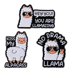 Three creative llama enamel pins featuring fun quotes and cute sunglasses designs