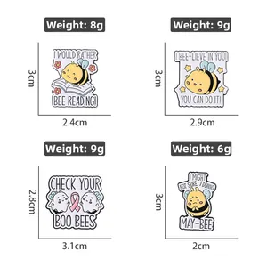Detailed size chart for cute bee enamel pins showing height width and weight metrics