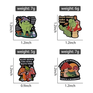 Detailed size chart and weight of four cute cartoon frog enamel pins in a 2x2 grid layout