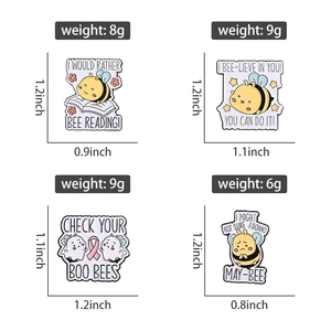 Detailed view of cartoon bee enamel pins with motivational quotes and size specifications
