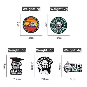 Detailed view of Karl Marx themed enamel pins with various funny quotes and creative designs