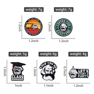 Detailed size chart for Karl Marx enamel pins showing dimensions and weight in inches and grams