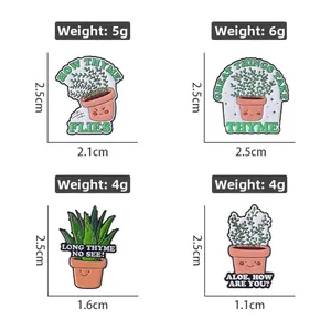 Detail view of plant enamel pins with precise dimensions and weight measurements