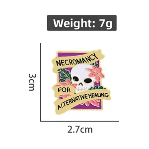 Detail showing skull and flower enamel pin dimensions 3cm by 2.7cm and weight 7g