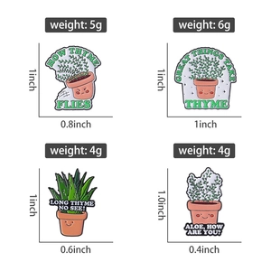 Detail view showing four unique plant enamel pins with funny Thyme and Aloe pun text