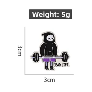 Detailed view of skull deadlift enamel pin showing 3cm size and 5g weight specs