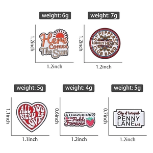 Detail specifications of Beatles enamel pins with weight and size info in inches