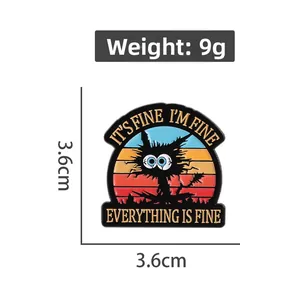 Detailed view of 3.6cm black cat enamel pin with dimensions and 9g weight specs