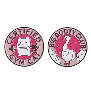 Pins en émail ronds avec chat de gym et oie en dessin animé en alliage de zinc