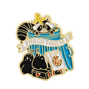Cartoon enamel pin featuring a trash panda raccoon in a blue bin with gold metal edges