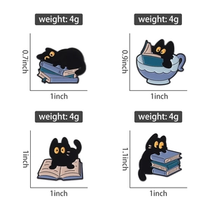 Set of four cartoon black cat enamel pins featuring coffee cups and books on white background
