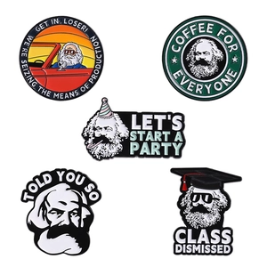 Set of 5 Karl Marx cartoon enamel pins with humorous quotes on white background