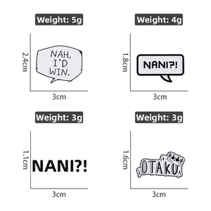 Minimalist enamel lapel pins set with anime slogans Nah I'd Win and Otaku text details