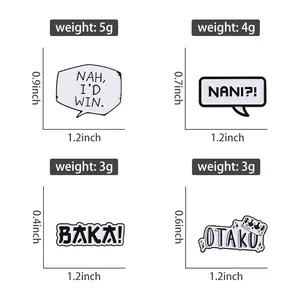 Size chart showing dimensions and weight for anime-themed enamel lapel pins