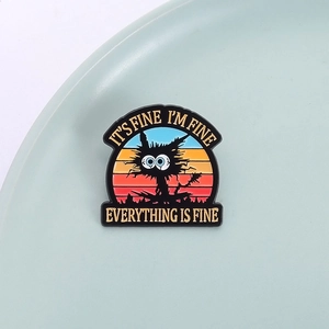 Cartoon rainbow cat enamel pin with It's Fine I'm Fine text for clothing and hats