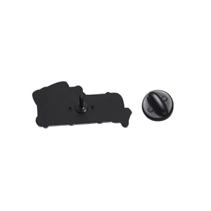 Detail view of the black metal pin back and durable rubber clutch for secure fastening