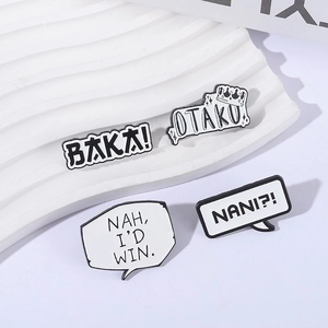 Anime speech bubble enamel pins featuring Baka, Otaku, Nani, and Nah I'd Win slogans