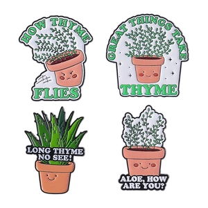 Set of four cute enamel plant pins featuring potted thyme and aloe with funny puns