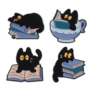 Set of four cute black cat enamel pins with books for bibliophiles and students