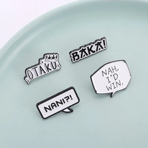 Set of 4 minimalist anime badges featuring Otaku and Baka text on a ceramic plate