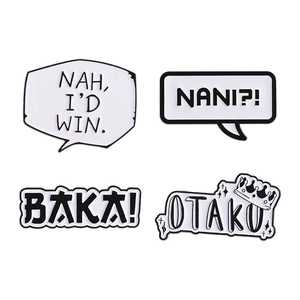 Set of 4 cute anime text bubble enamel pins including NAH I'D WIN and NANI on white background