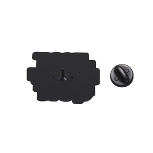 Detail view of the enamel pin back with a black metal post and rubber clutch fastener
