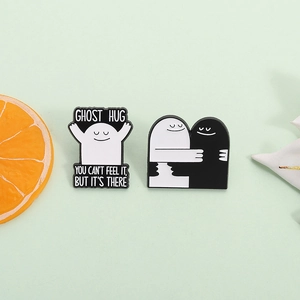 Ghost Hug Enamel Pins For Halloween Black White Ghost Brooches Cute Cartoon Badge Accessories For Bag Clothes Gift
