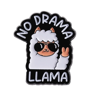 Funny No Drama Llama cartoon enamel pin with sunglasses for clothing and bag decor