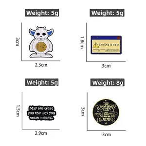 Detailed size and weight specs for enamel pins featuring alien and quote designs