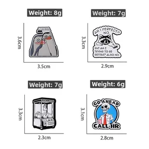 Detailed size and weight specs for enamel pins featuring ghost and raccoon designs