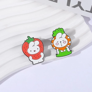Cute cartoon white bunny enamel pins set with strawberry and carrot costumes on wavy stand