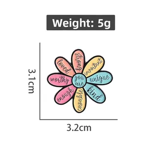 Detail view of colorful daisy enamel pin showing 3.1x3.2cm size and 5g weight specs
