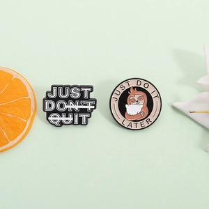 Cartoon sloth enamel pin set with motivational Just Do It Later text for backpacks