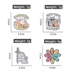 Detailed views of creative enamel pins with weight and size specifications for each style