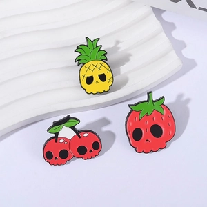 Cartoon fruit skull enamel pins set with cherry strawberry and pineapple metal badges