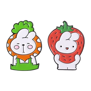 Cute cartoon rabbit enamel pins featuring carrot and strawberry animal headwear designs