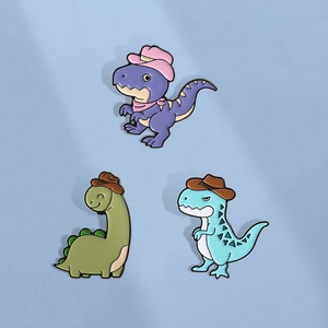 Cute Cartoon Jurassic Dinosaur Enamel Brooch Pin Cowboy Hat Purple Green Blue Animal Badges For Backpack Clothing Accessories