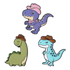 Set of three creative cartoon dinosaur enamel pins wearing cowboy hats for lapel decor