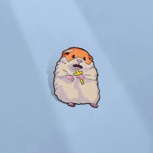 Humorous Sad Hamster Holding Cross Enamel Pin Zinc Alloy Cartoon Animal Brooch Badge For Clothing Bag Hat Decoration Jewelry