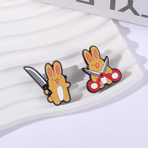 Funny enamel rabbit pin set with cartoon knife and scissors on white wave display