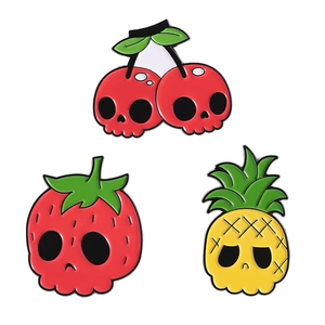 Creative fruit skull enamel pins set including strawberry, pineapple and cherry designs